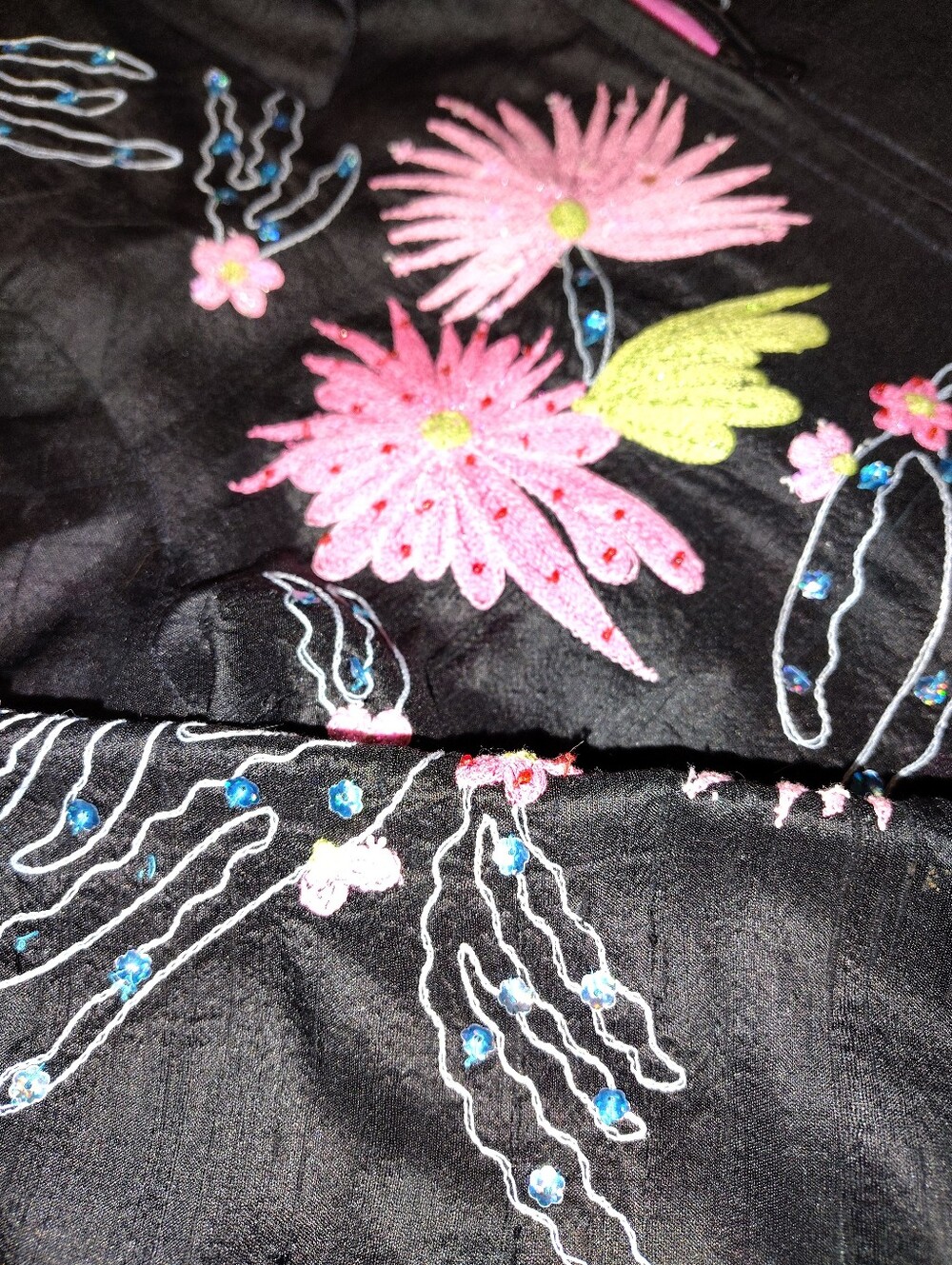 ANAGE 100% Silk Embroidered Floral Zip Jacket - Small - Black/Pink Boho Luxe - Picture 9 of 13
